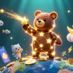 Experience mv 88 with a vibrant casino scene featuring golden stars, crypto coins, and engaging characters.