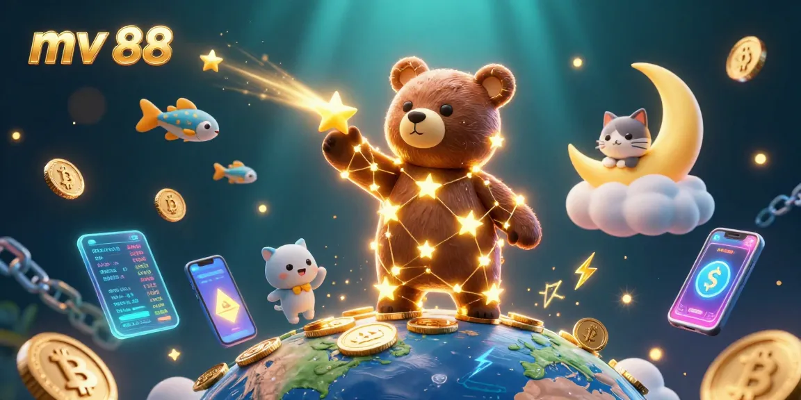 Experience mv 88 with a vibrant casino scene featuring golden stars, crypto coins, and engaging characters.