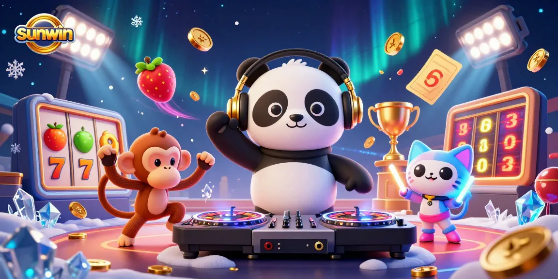 Spin and win with sunwin's vibrant scene featuring a DJ panda, breakdancing monkey, and glowing kitten in a lively casino atmosphere.