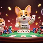 Experience the fun of hm88 casino with floating poker chips and an astronaut corgi.