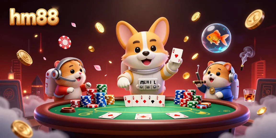 Experience the fun of hm88 casino with floating poker chips and an astronaut corgi.