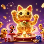 Experience the excitement of nhà cái uy tín with a lucky cat surrounded by festive casino elements.
