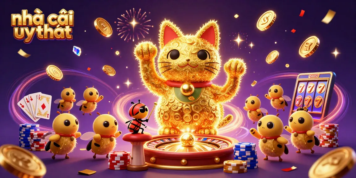 Experience the excitement of nhà cái uy tín with a lucky cat surrounded by festive casino elements.