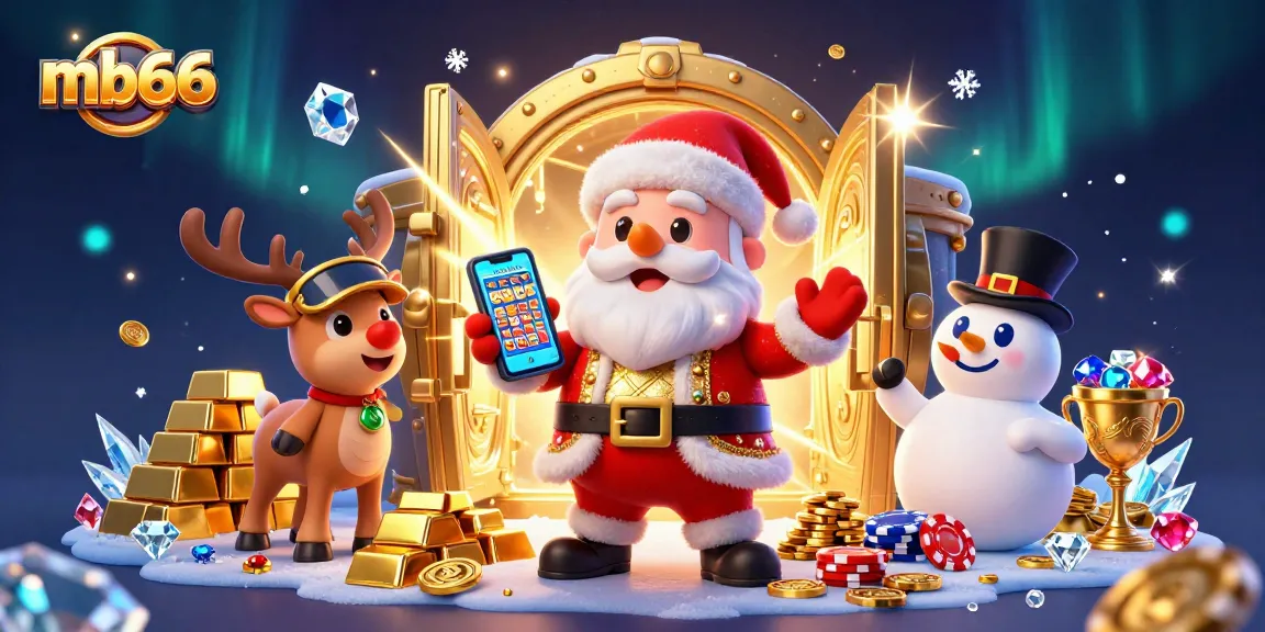 Spin jackpots with mb66, featuring Santa and friends enjoying festive casino fun.