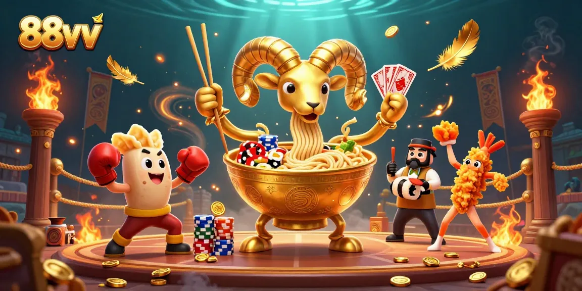 88vv showcases a dynamic scene with a giant ramen bowl dealer, vivid casino elements, and vibrant colors.